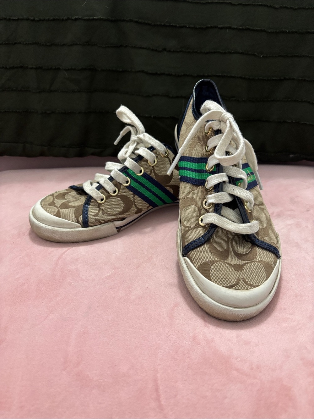 Coach Khaki Signature Canvas Sneakers with Green & Blue Stripes